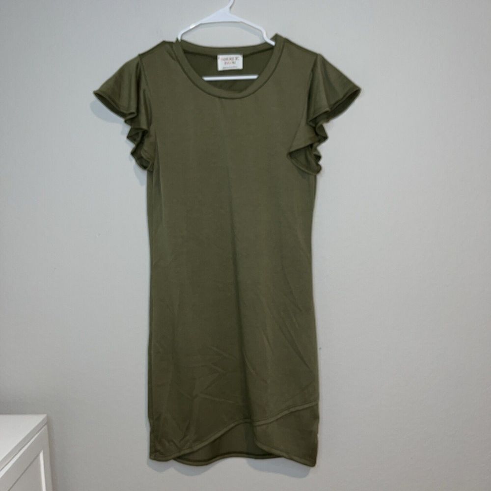 Fantastic Fawn Dress Small olive green mini flutter sleeves modest
